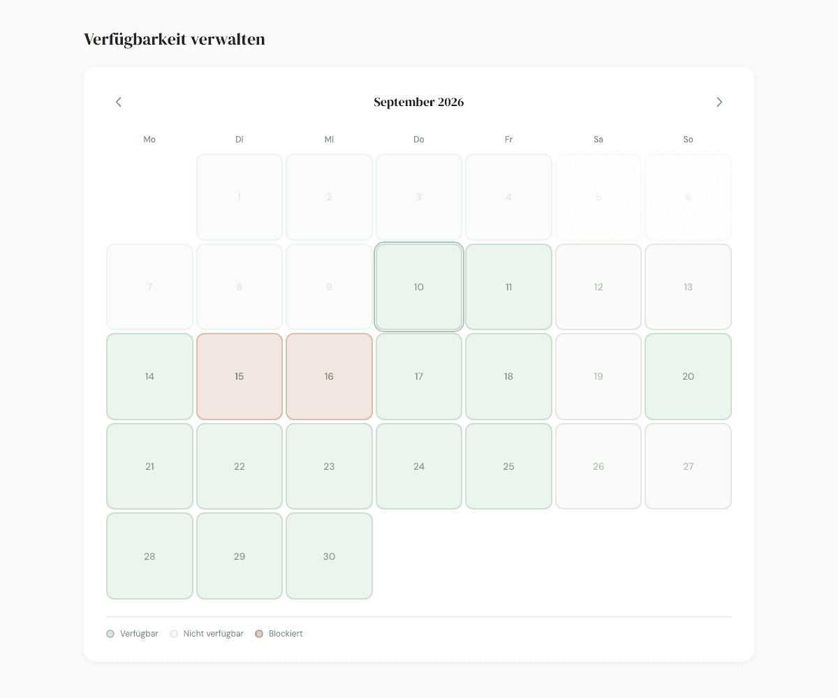 Der Kalender von The Pet Sitter mit beispielhaften verfügbaren, nicht verfügbaren und gesperrten Tagen