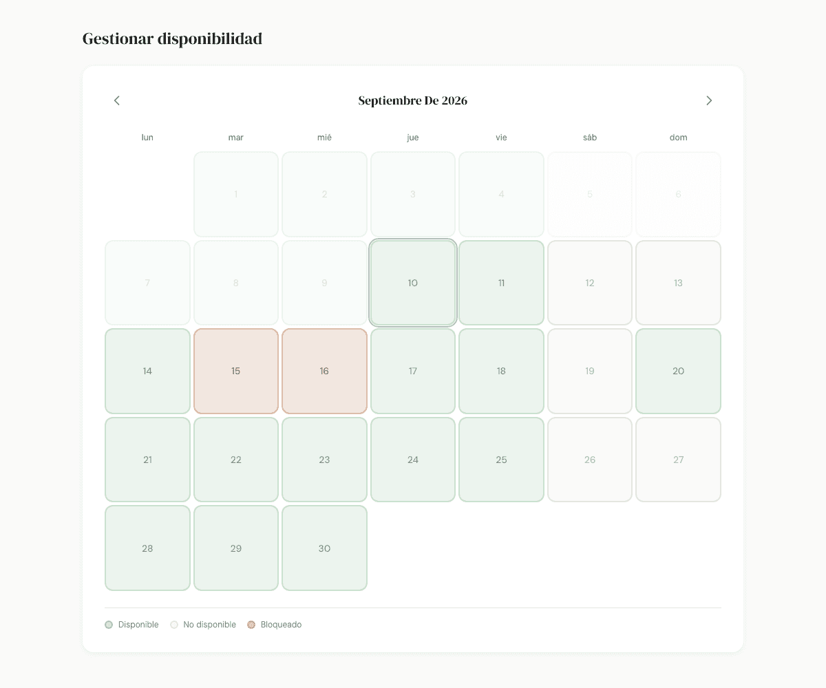 El calendario de The Pet Sitter con ejemplos de días disponibles, no disponibles y bloqueados