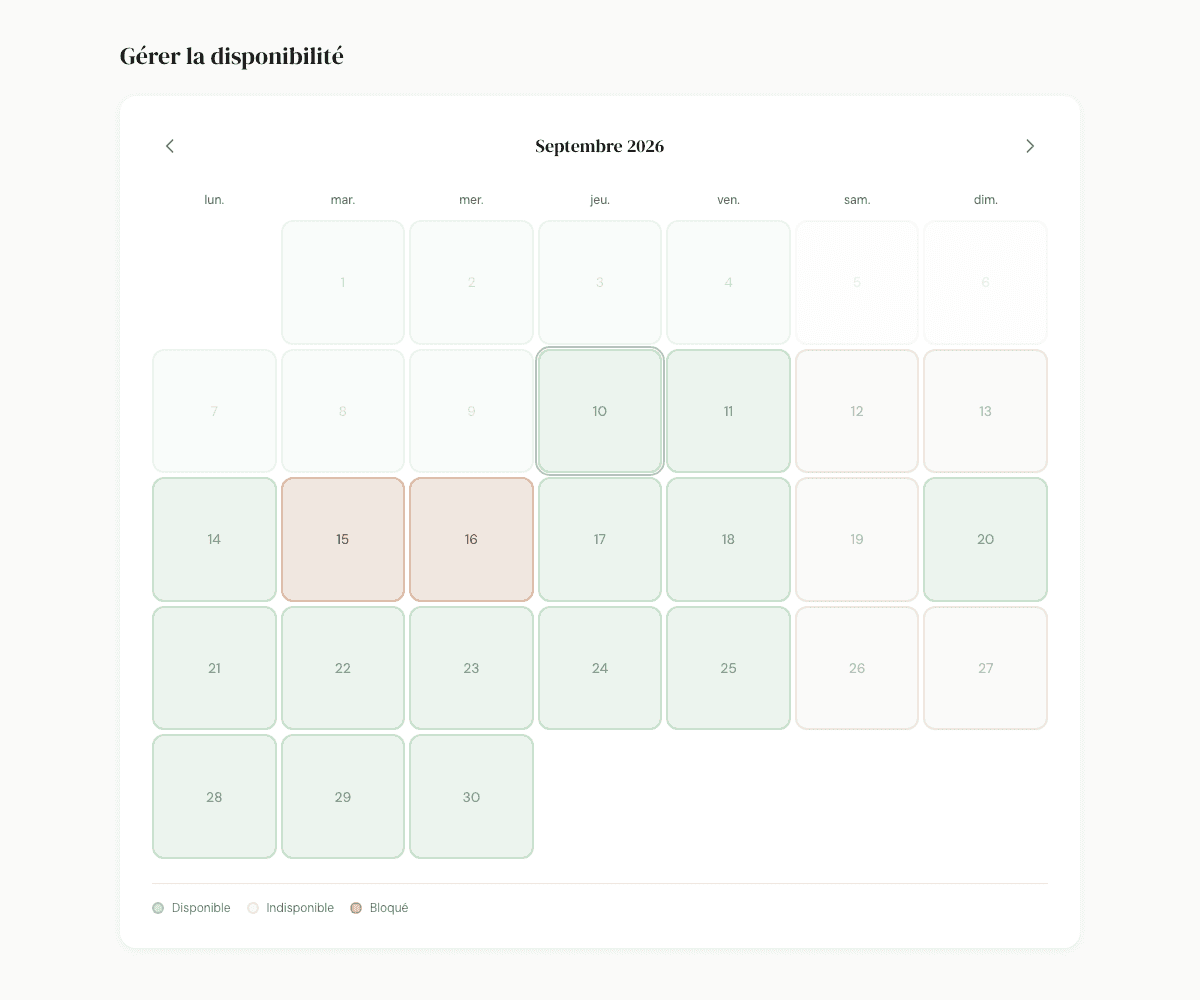 Le calendrier The Pet Sitter avec des exemples de jours disponibles, indisponibles et bloqués