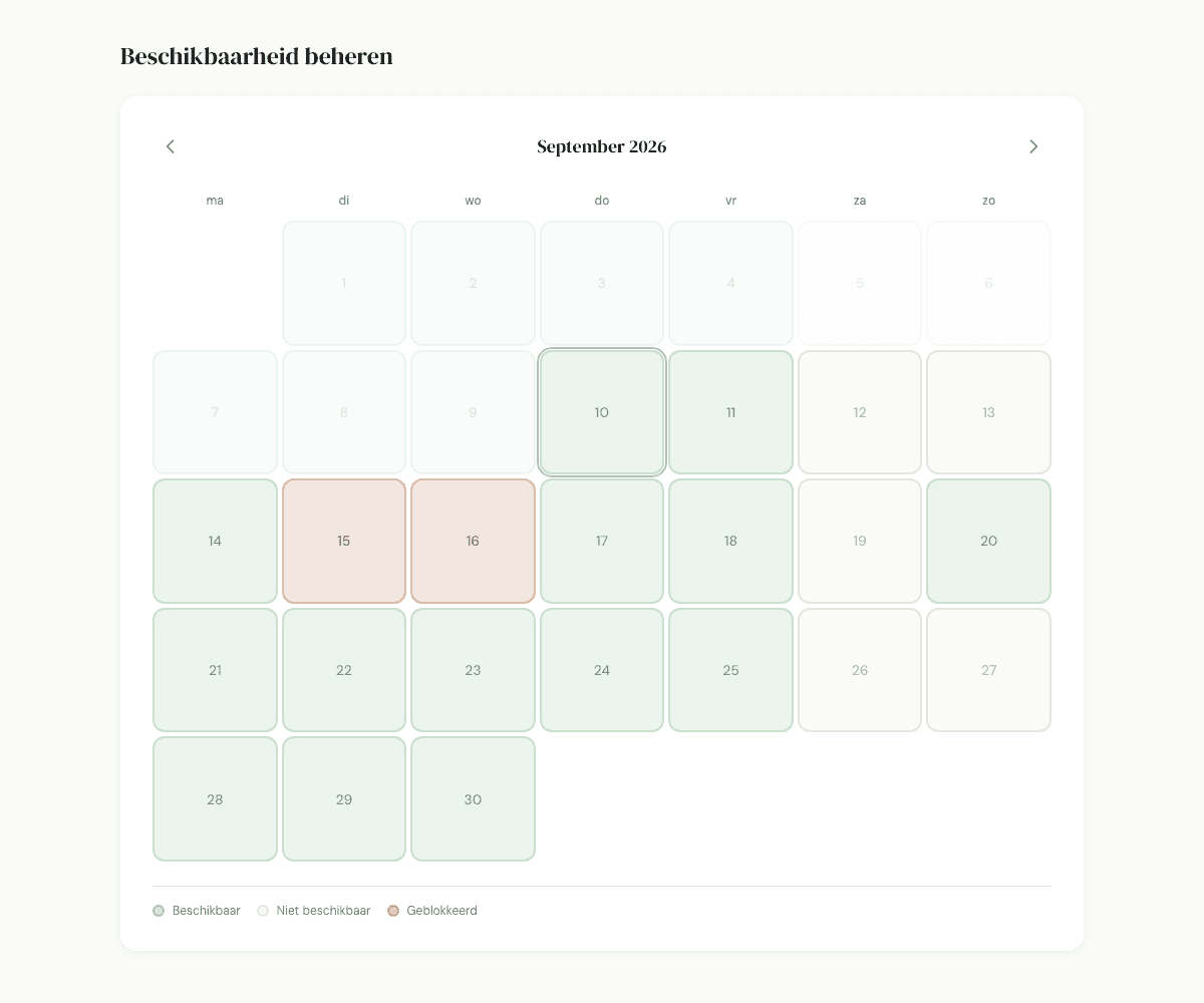 De kalender van The Pet Sitter met voorbeelden van beschikbare, niet-beschikbare en geblokkeerde dagen