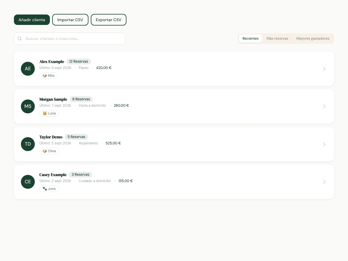 La lista de clientes de The Pet Sitter con clientes, mascotas e historial de reservas ficticios