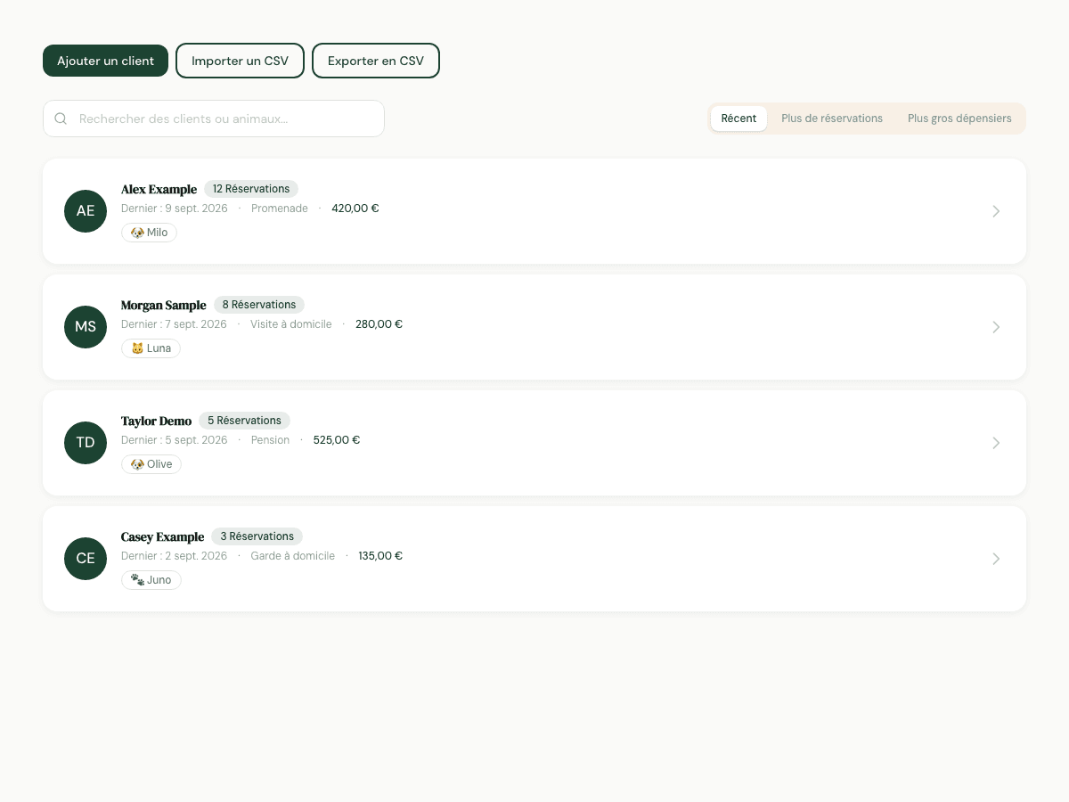 La liste de clients The Pet Sitter avec des clients, des animaux et un historique de réservations fictifs