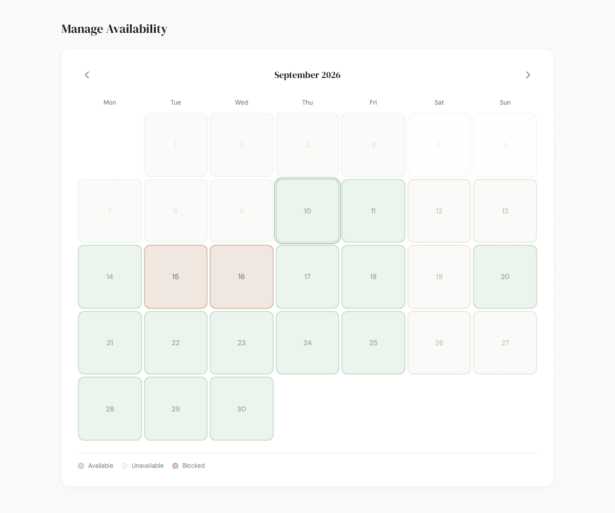 The Pet Sitter date calendar showing example available, unavailable and blocked days