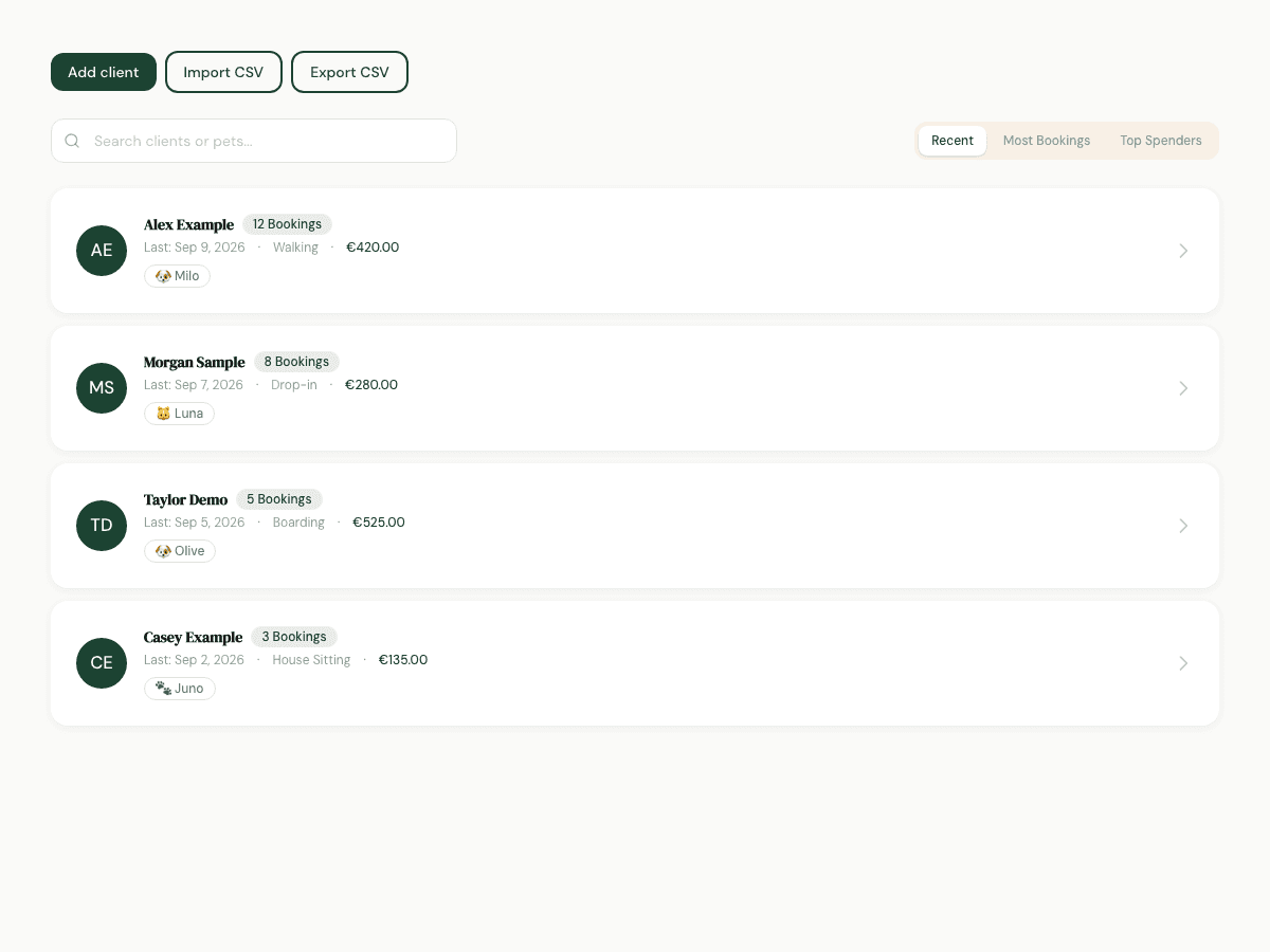 The Pet Sitter client list showing fictional clients, pets and booking history